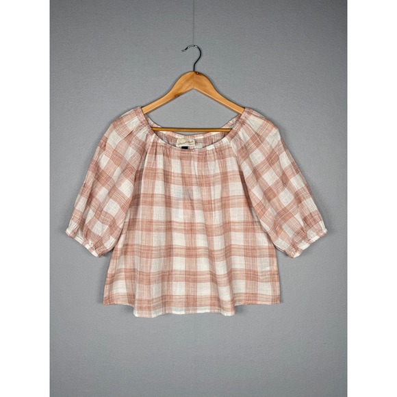 Universal Thread Tops - Universal Thread Plaid Peasant Blouse Puff Sleeve Dusty Rose Cream S Cottage